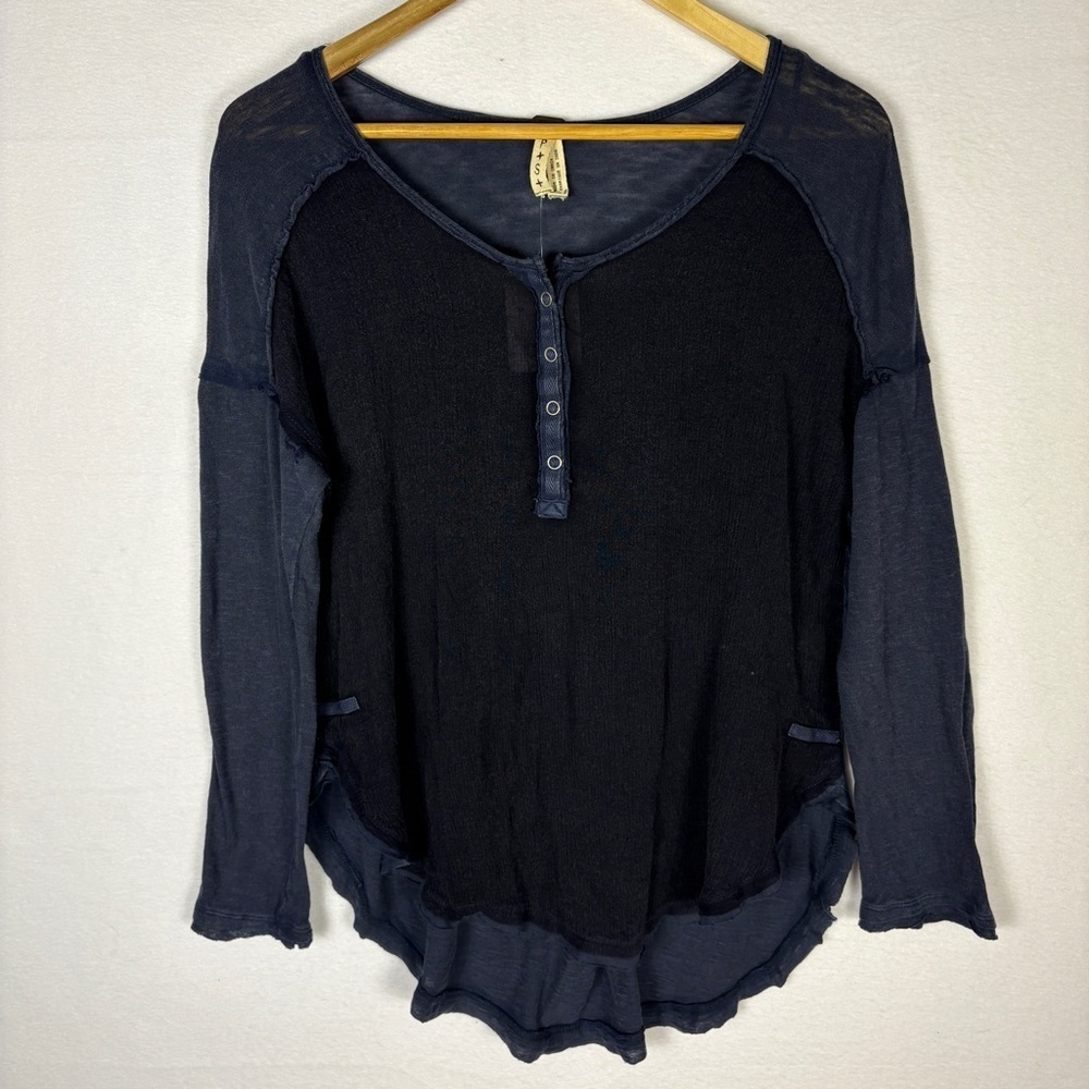We The Free Two-Tone Long Sleeve Henley Tee in Black and Navy